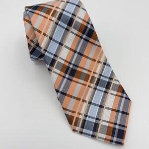 NWT Egara 100% Silk Men's Plaid Tie Blue, Orange and White